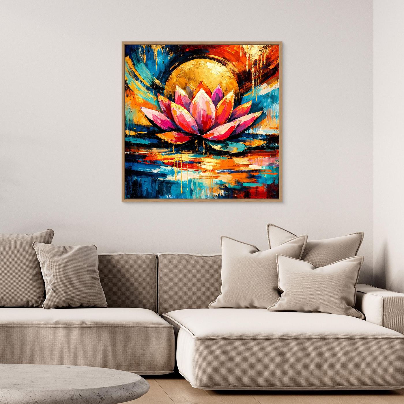 Gerahmtes abstraktes Pop-Art Leinwandbild mit Lotusblüte, goldenem Halbkreis und Farbexplosion