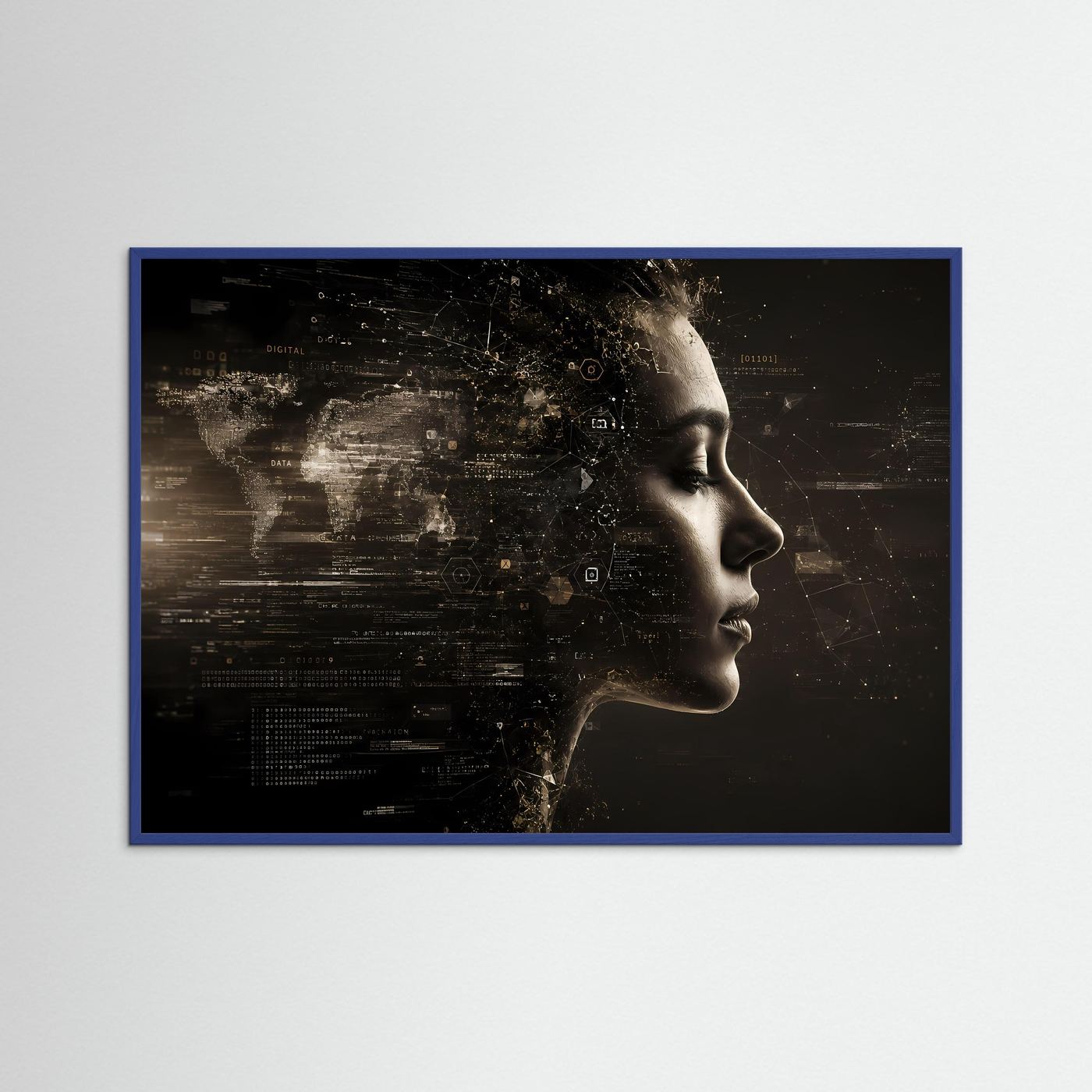 Querformat-Poster mit Frauenprofil in Schwarz und Gold, blauer Rahmen