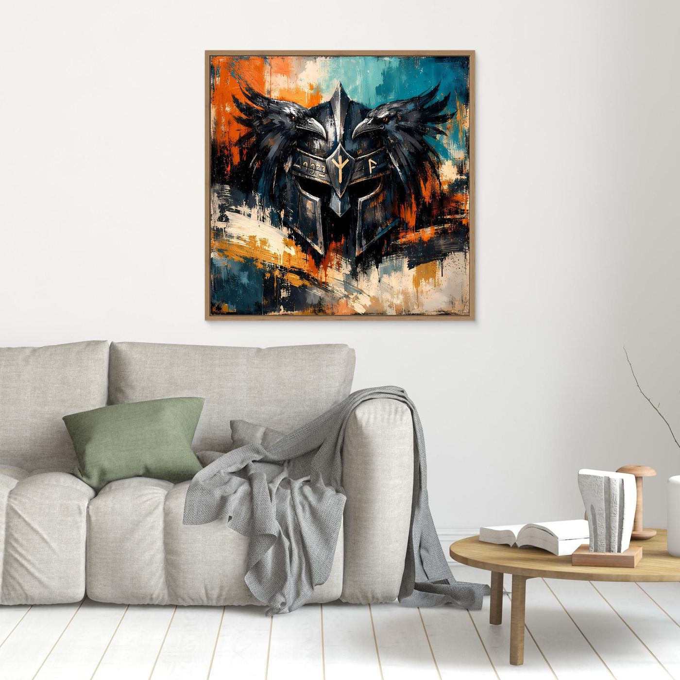 Quadratisches Wandbild mit Odins-Helm und Raben, goldbrauner Holzrahmen