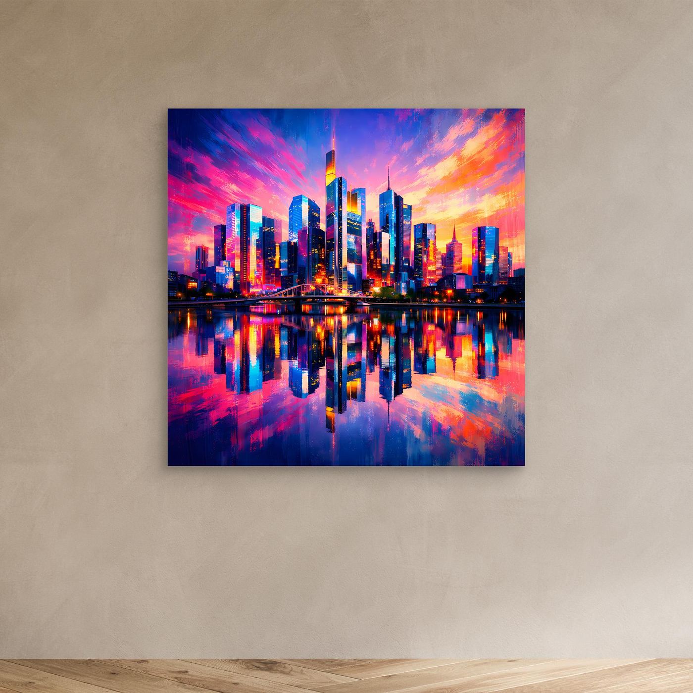 Leinwand Farbenfrohe Frankfurt Skyline bei Sonnenuntergang | Modernes Wandbild