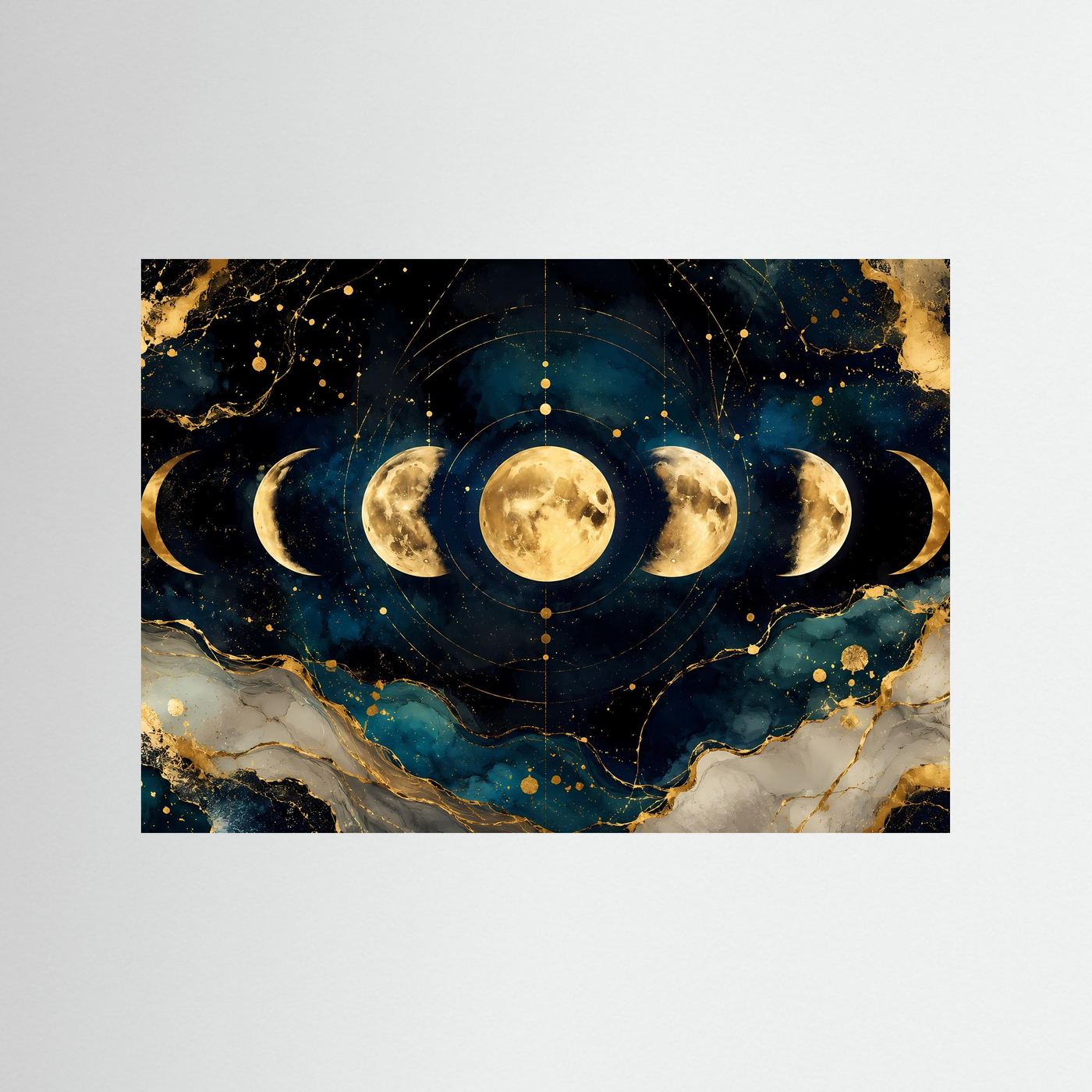 Mondphasen im Kosmos mit Gold | Spirituelles Universum & Astrologie Poster im Querformat