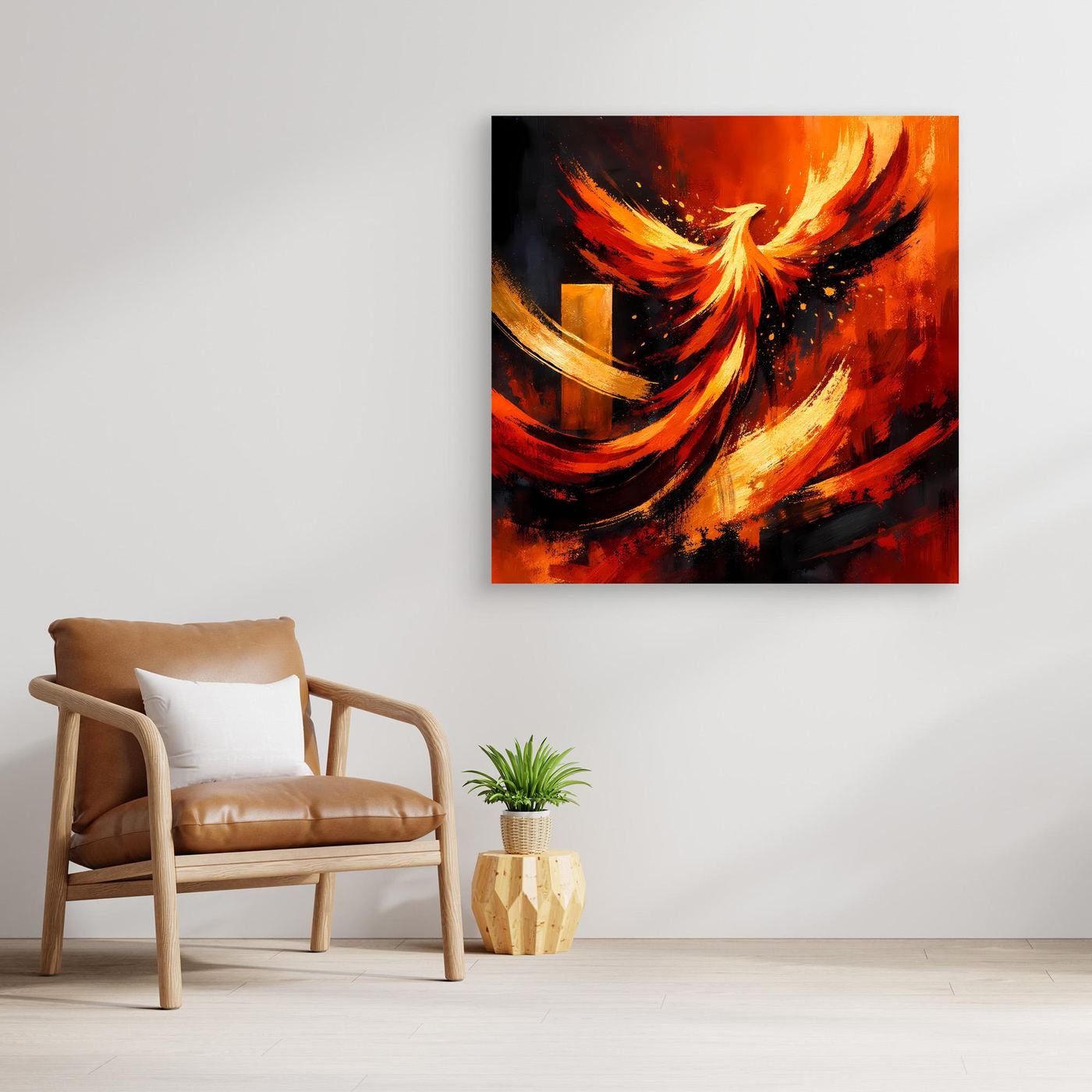 Leinwand-Wandbild mit Phönix und Flammen, mit orangefarbenem Rahmen