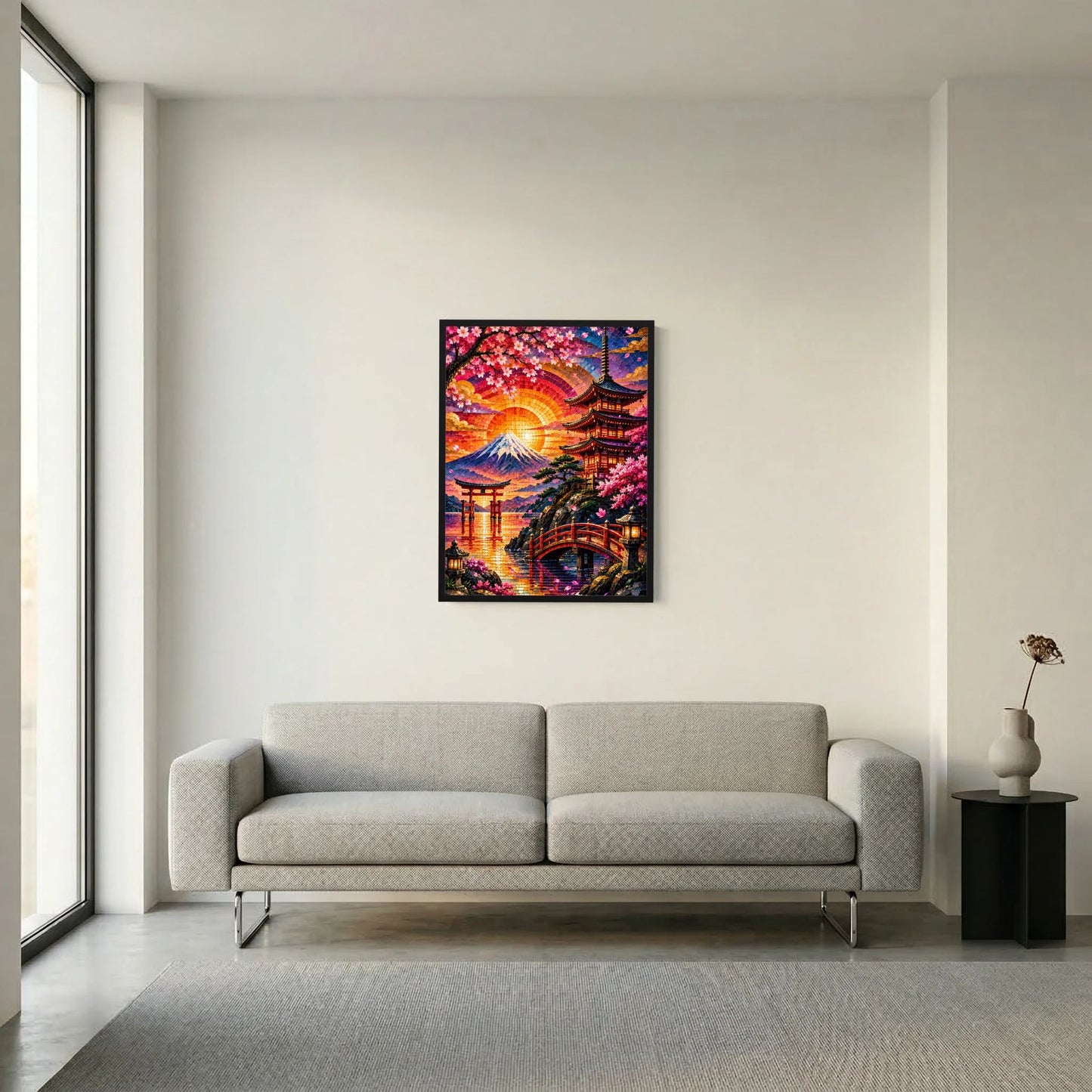 Hochformat-Poster mit Mosaikmotiv von Fuji, Sakura und Pagode, gerahmt