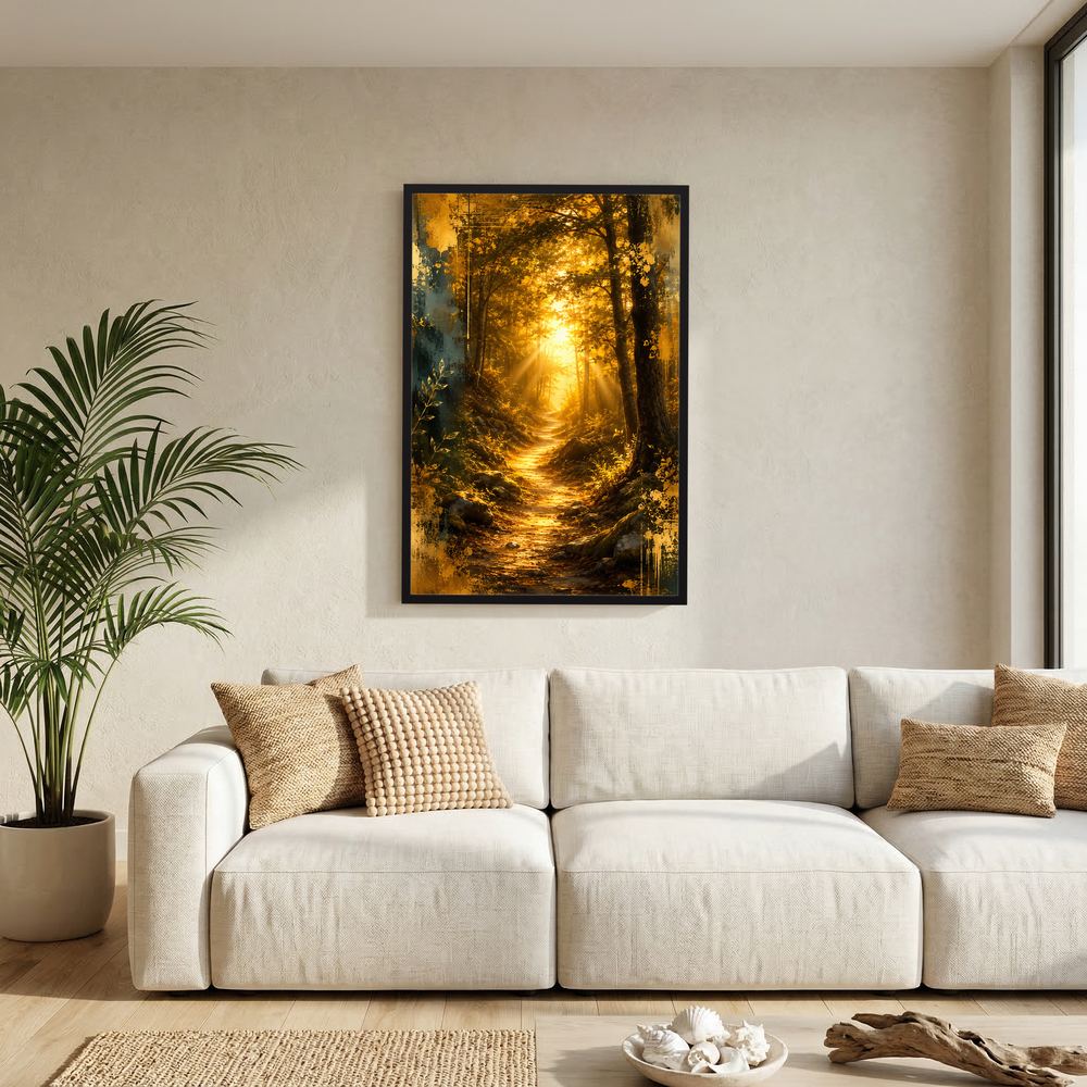 Poster mit Waldweg und goldenem Sonnenlicht, im schwarzen Rahmen