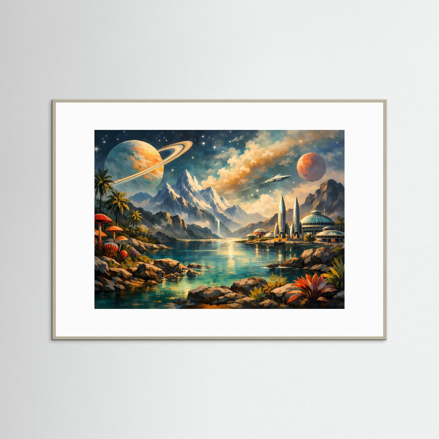 Science-Fiction Landschaft Poster | Futuristische Alien-Welt mit Saturn, Raumstation und Bergen | Sci-Fi Wandbild Fantasy Universum