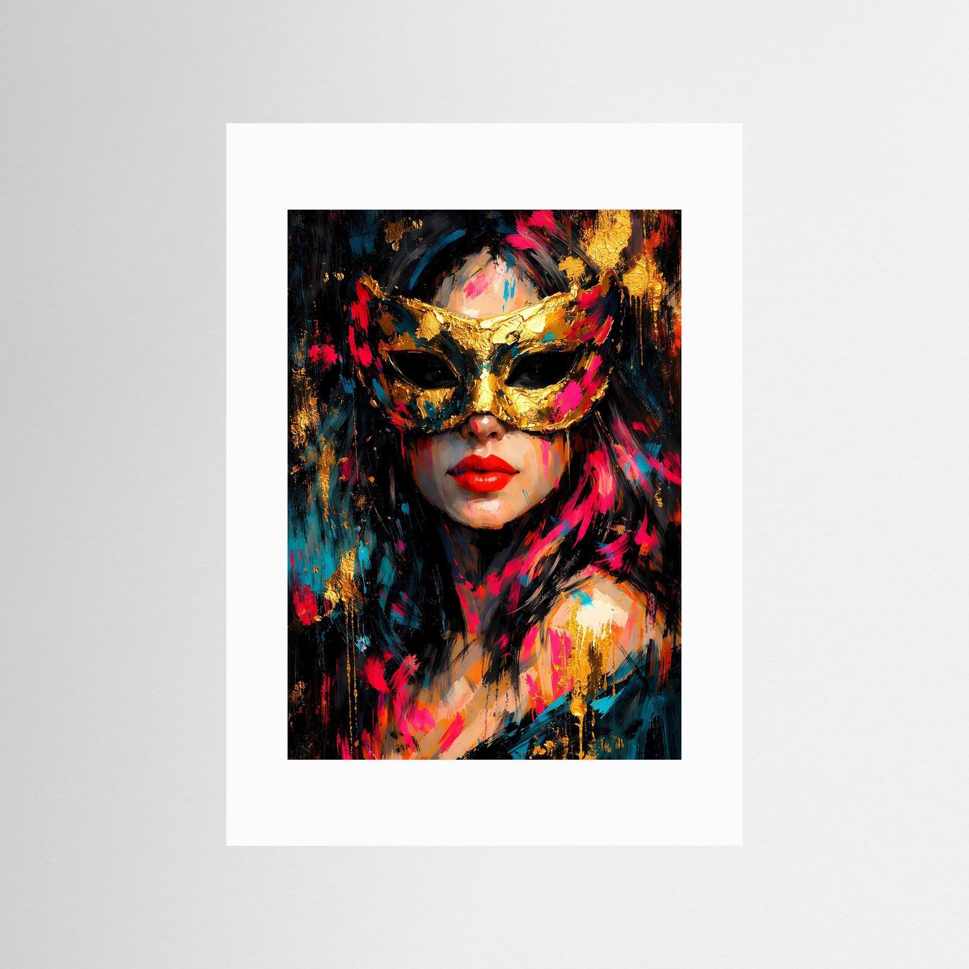 Abstraktes Kunstposter mit venezianischer Maske im weißen Passepartout: goldene Akzente, roter Mund