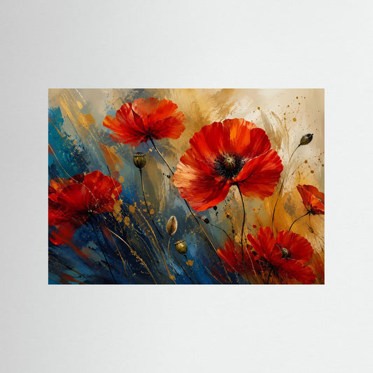 Abstrakte Mohnblumen auf Leinwand: rote Blüten, goldene Töne und blaue Akzente, ohne Rahmen
