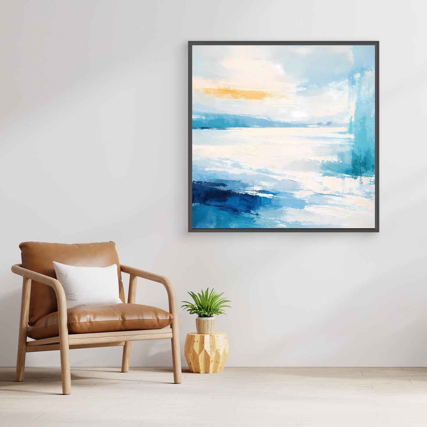 Wandbild mit maritimer Abstraktion in Blau und Weiß, schwarzer Rahmen