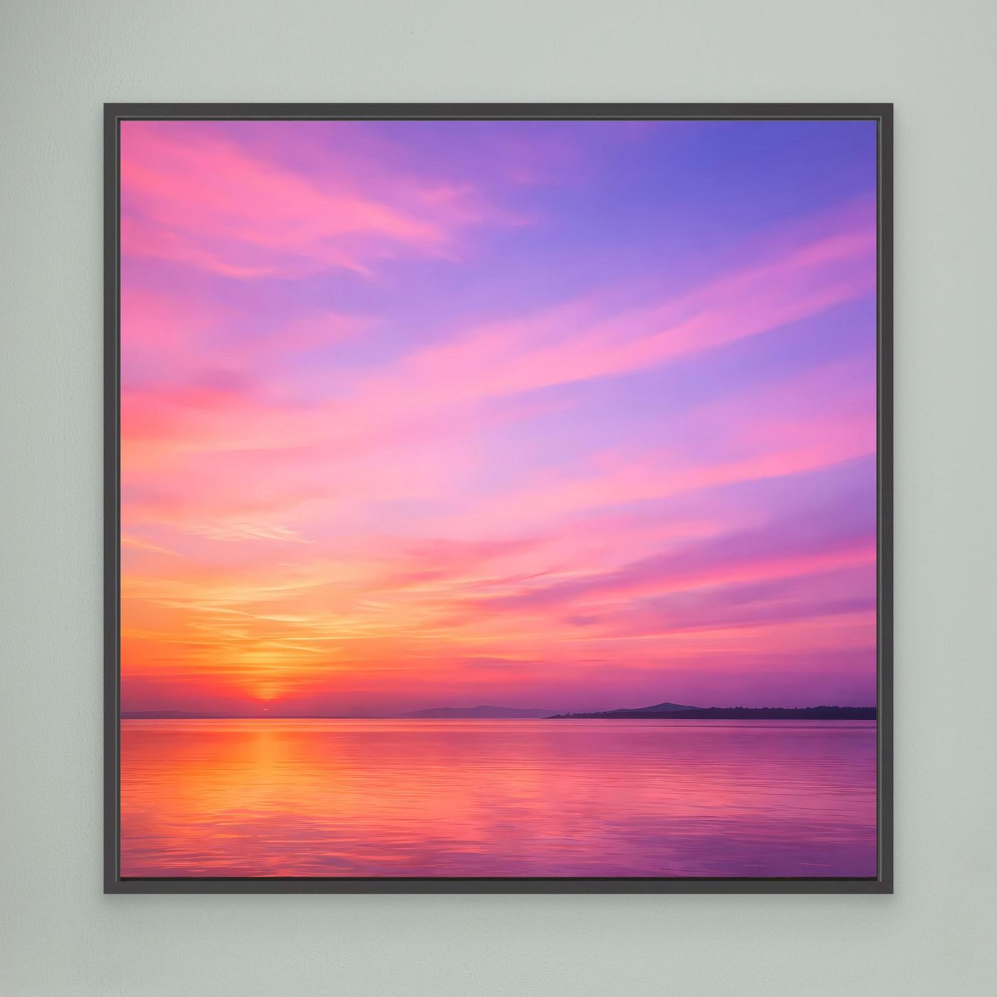 Leinwandbild mit Pastell-Sonnenuntergang am Meer, mit dunkelgrauem Rahmen