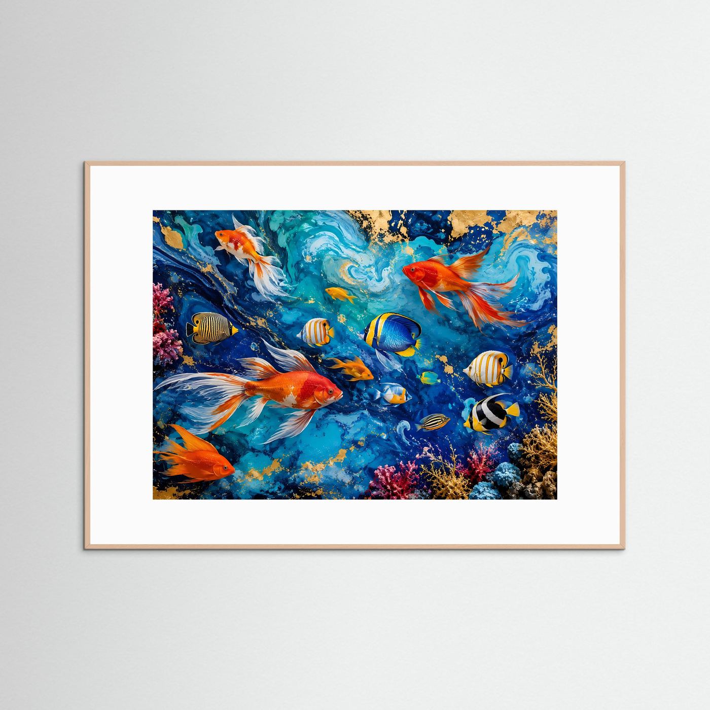 Ozean-Fische in Blau & Gold | Modernes Wandbild mit Fluid Art & Korallenriff