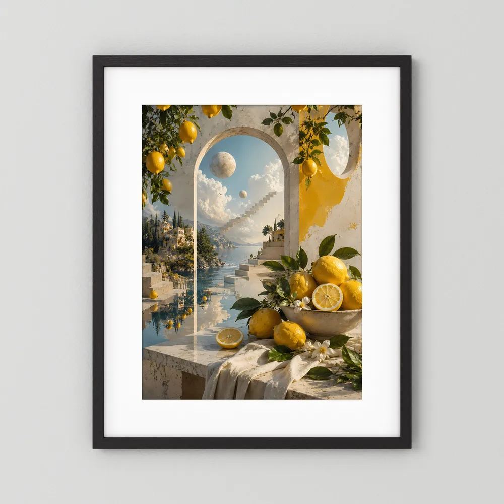 Kunstposter im Hochformat mit schwarzem Rahmen, Zitronen und mediterraner Küste