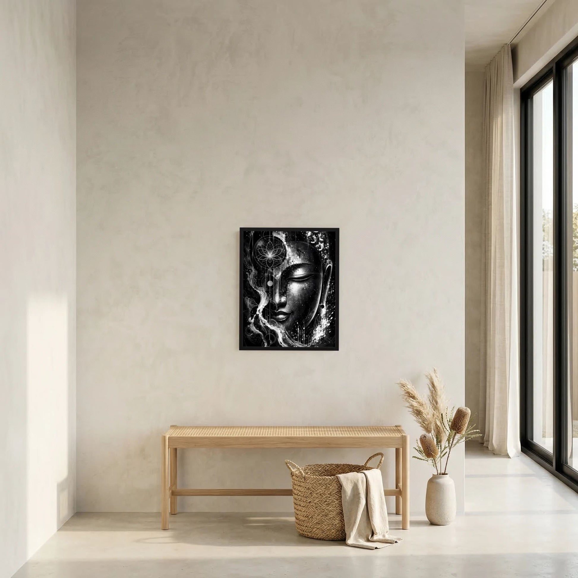 Gerahmtes Hochformat-Poster mit abstraktem Buddha-Gesicht in Schwarzweiß