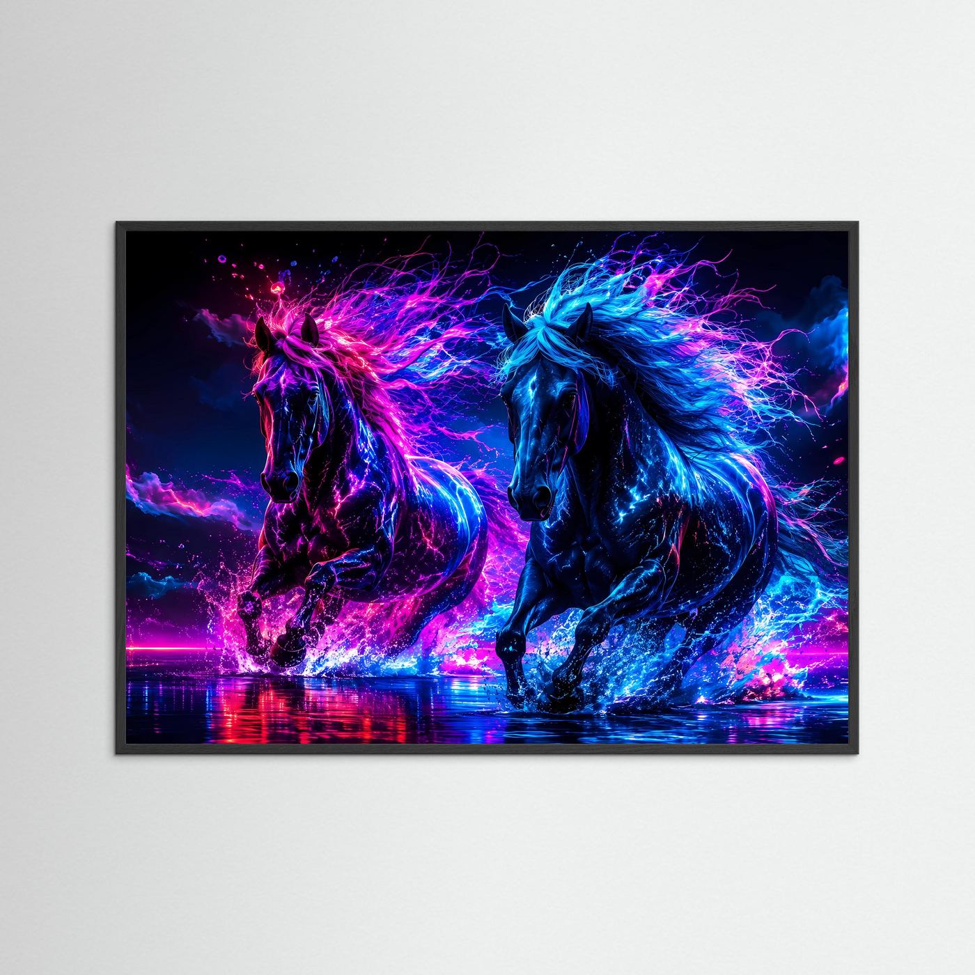 Neon Pferde Poster Querformat | Futuristische Pferde Wandkunst in Pink & Blau | Modernes Cyberpunk Wandbild
