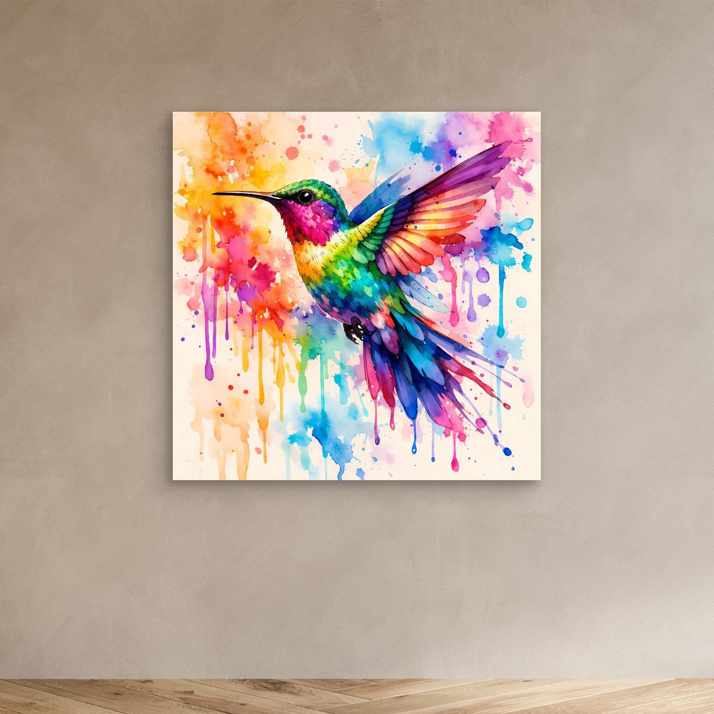Leinwandbild Kolibri, kleines buntes Aquarell-Vogelbild ohne sichtbaren Rahmen