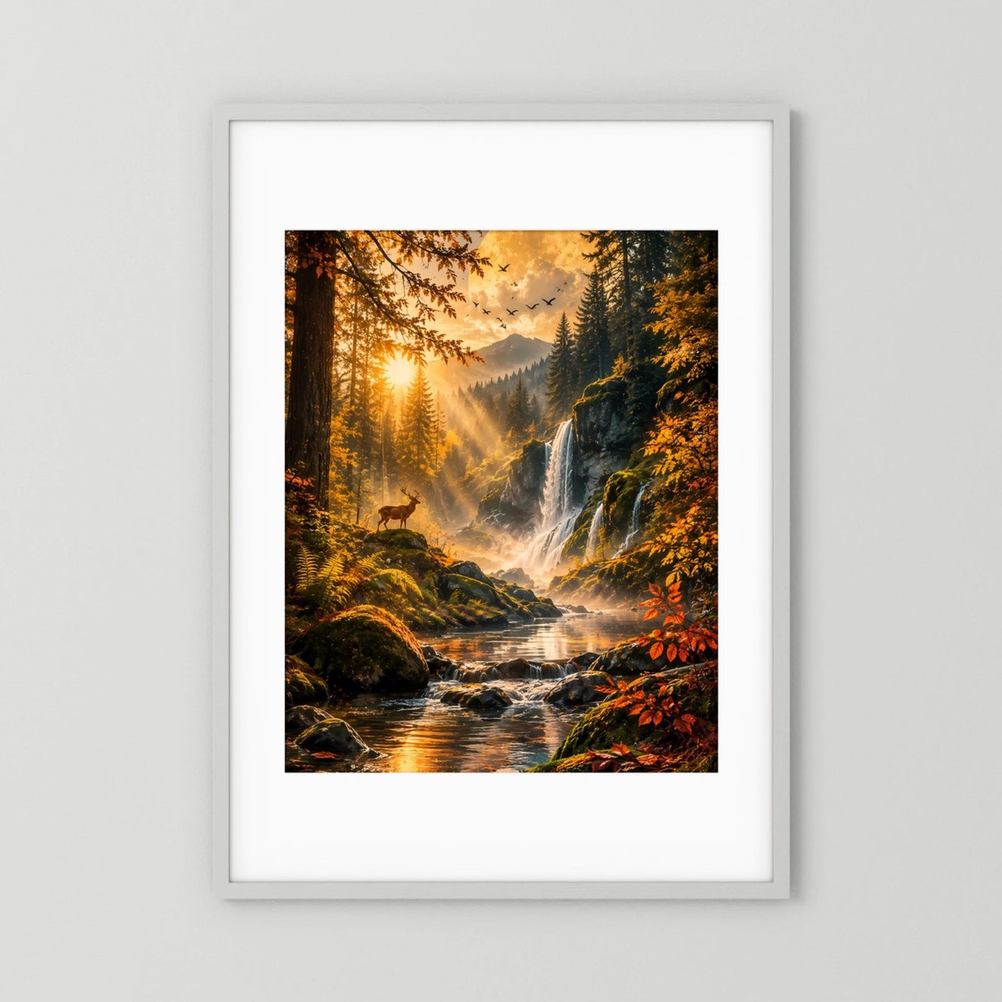 Hochformatiges Herbstposter im hellen Rahmen mit Wasserfall, Fluss und Hirsch