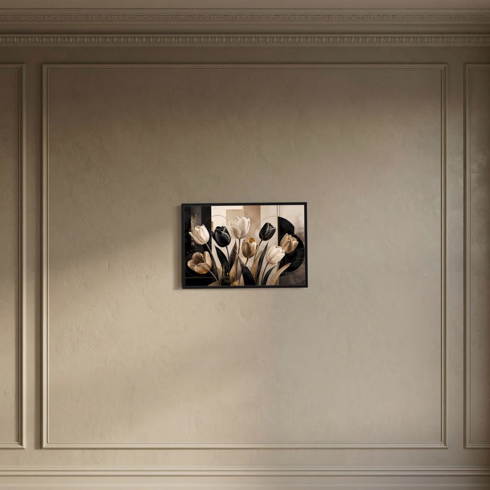 Abstraktes Tulpenposter im Querformat, schwarz-creme mit Goldakzenten, kleiner schwarzer Rahmen