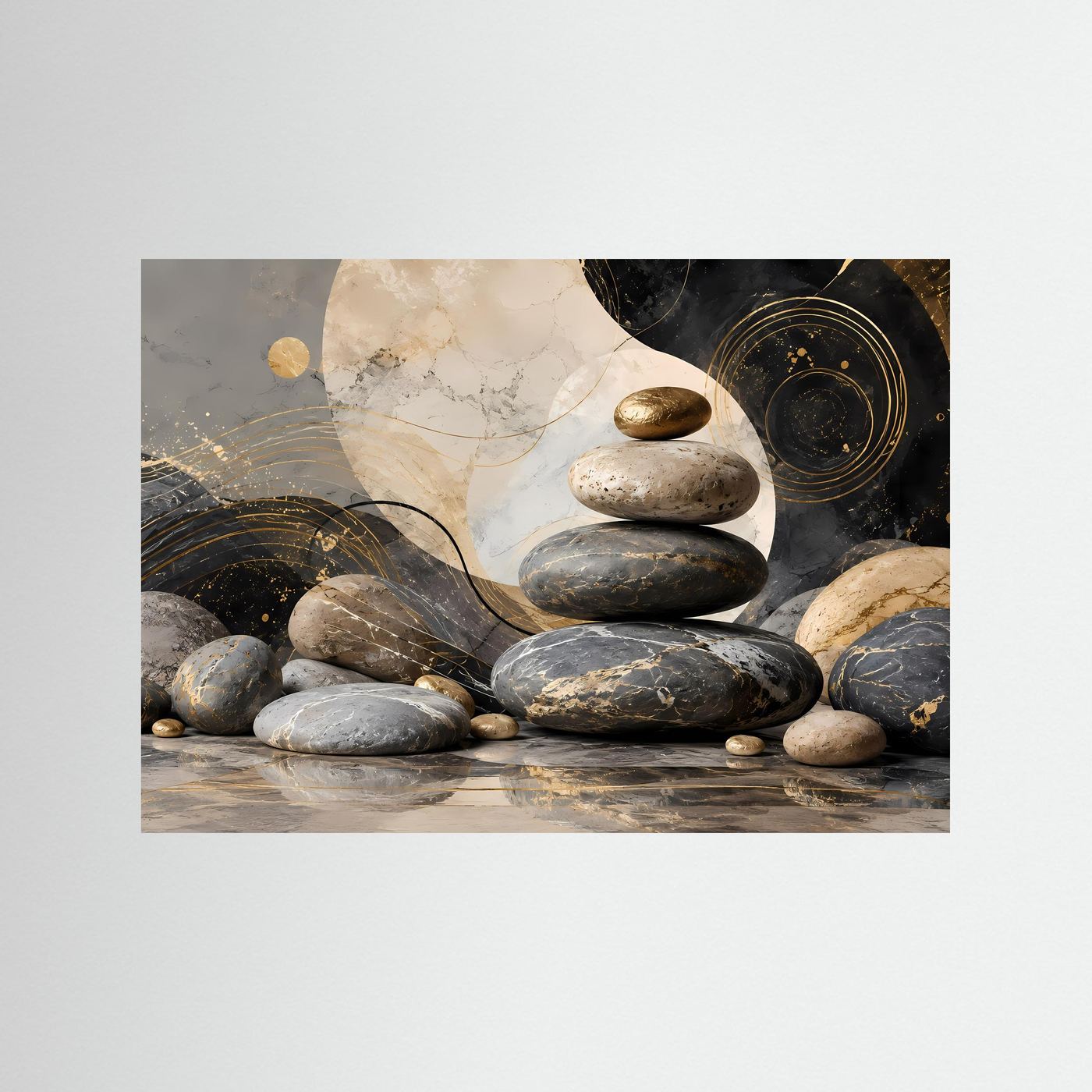 Zen Steine in Schwarz, Gold und Creme | Abstrakte Balance & Harmonie mit Marmorstruktur | Elegante moderne Wellness Kunst im Querformat
