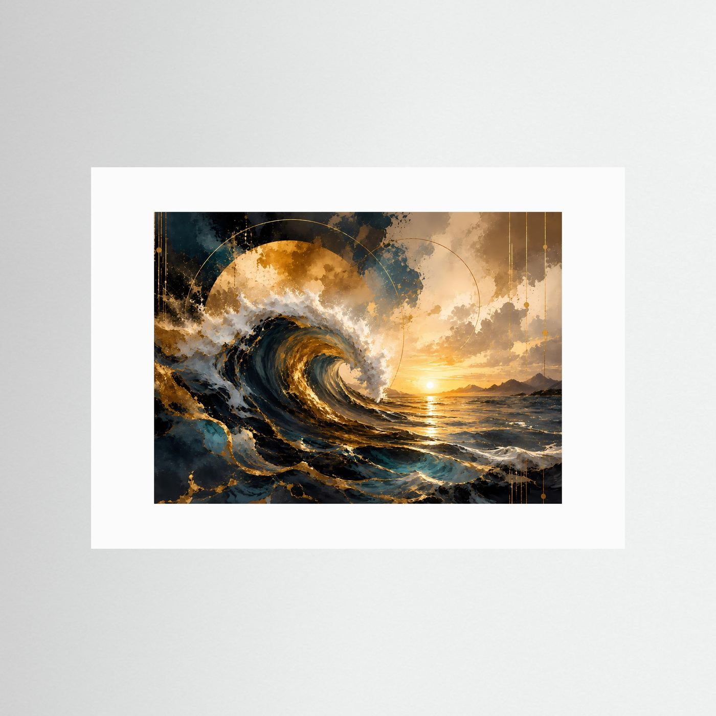Meerwellen-Poster im Querformat mit Welle in Blau und Gold, Sonnenuntergang, weißer Rand