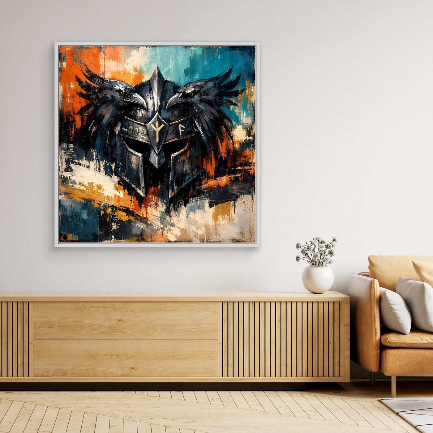 Wandbild mit abstraktem Odins-Helm und Raben im schwarzen Rahmen, kräftige Blau-Orange Töne
