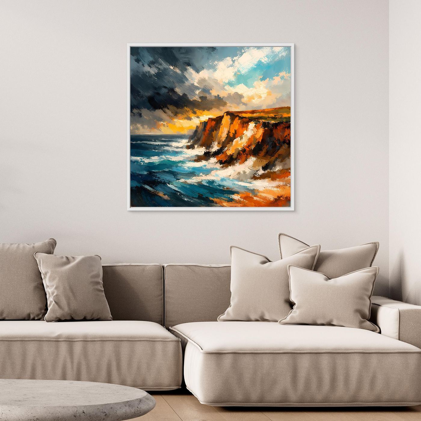 Premium Leinwand Dramatische Steilküste am Ozean | Abstraktes Klippen Wandbild stürmisch