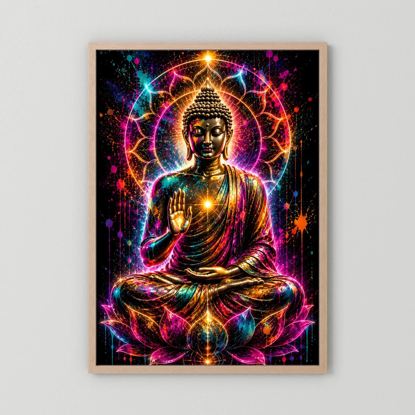 Hochformat-Poster: Meditierender Buddha, goldfarbene Neon-Akzente, heller Holzrahmen mit Passepartout