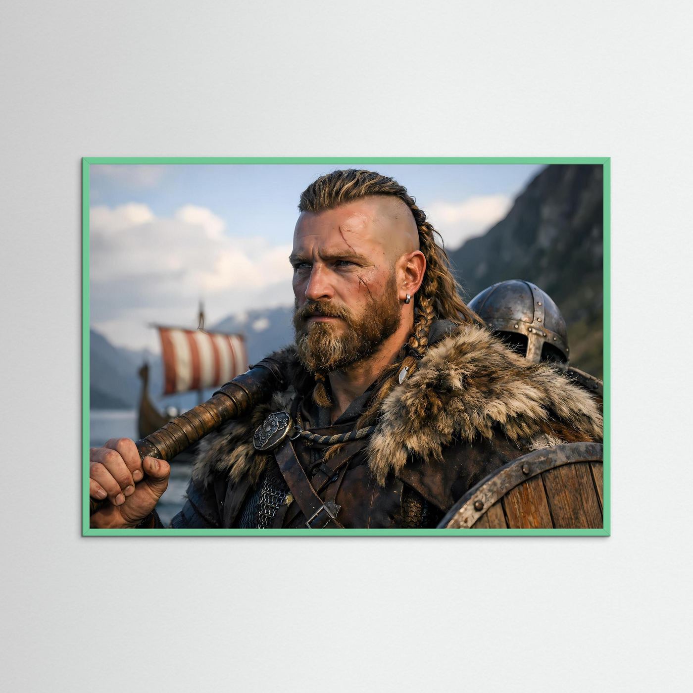 Wikingerkrieger-Poster im Querformat mit grünem Rahmen, Nahansicht mit Schild
