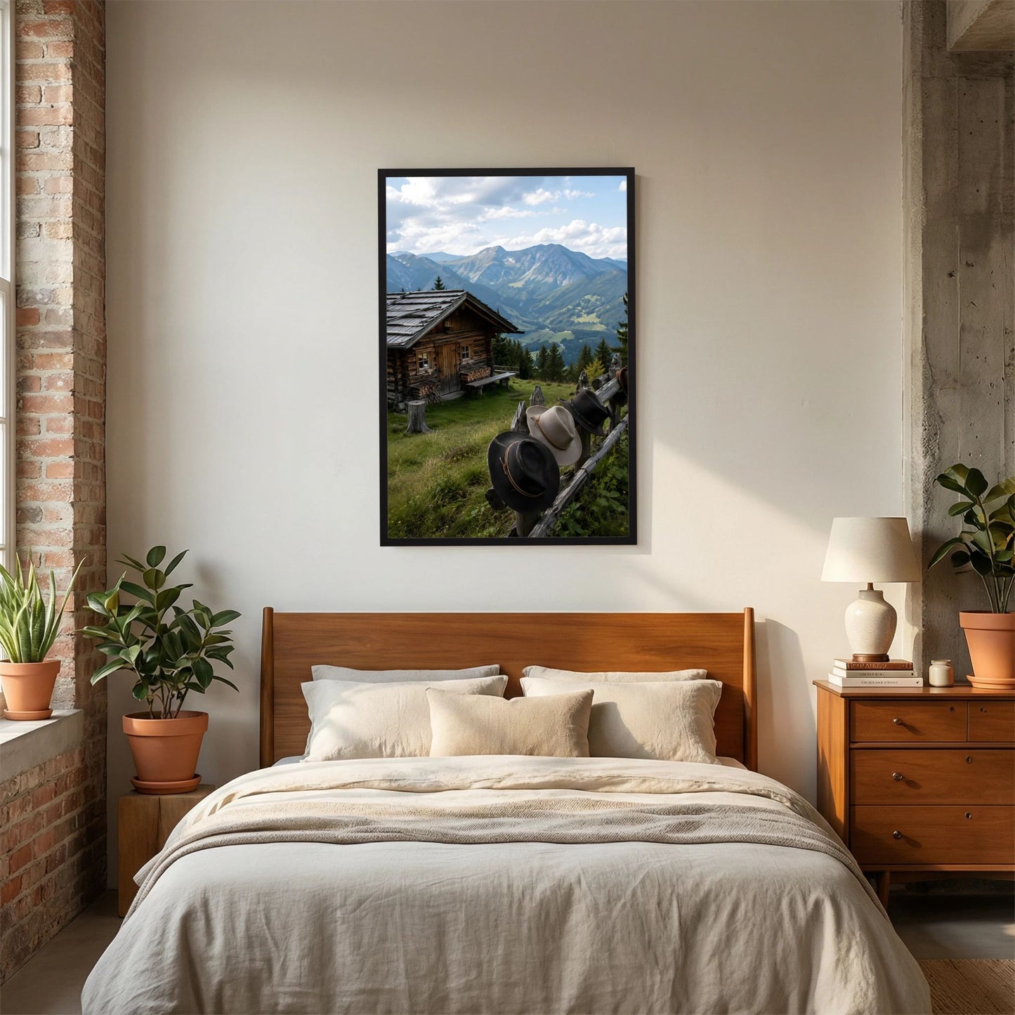 Hochformatiges Landschaftsposter mit Almhütte und Bergpanorama, im schwarzen Rahmen