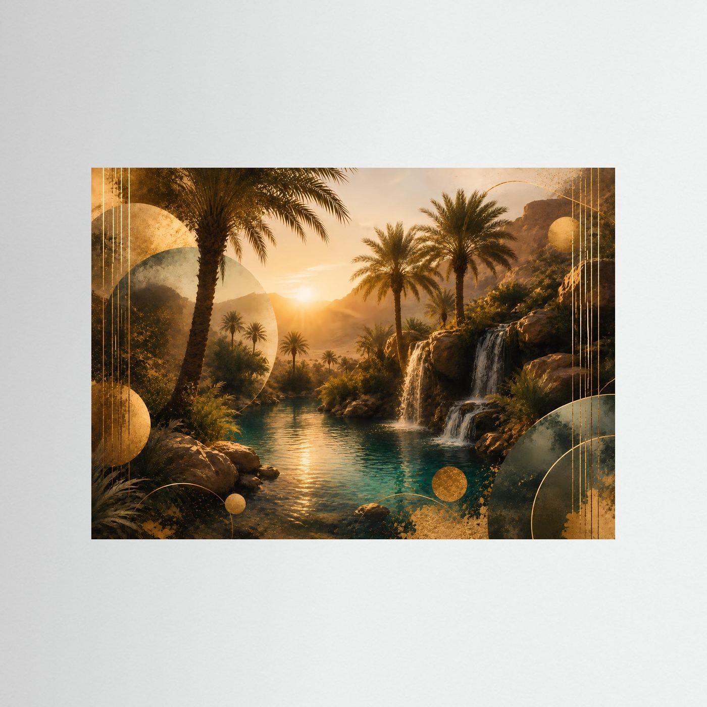 Horizontales Poster: Palmen, Wasserfall und türkisfarbener Fluss im Sonnenuntergang