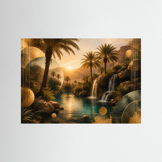 Horizontales Poster: Palmen, Wasserfall und türkisfarbener Fluss im Sonnenuntergang