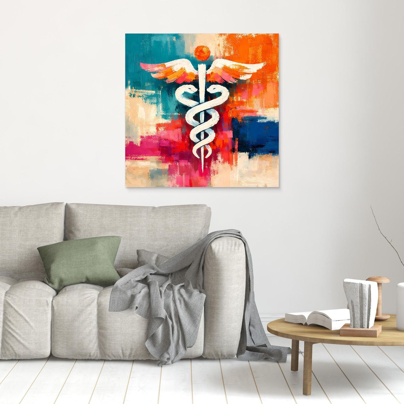 Abstract medical caduceus artwork with wings, colorful paint, white frame