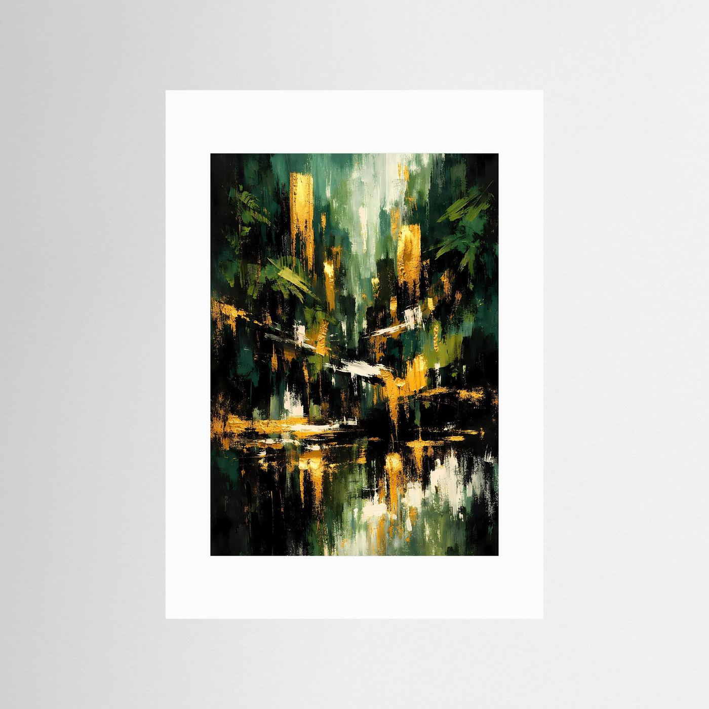 Abstraktes Kunstposter mit weißem Passepartout: smaragdgrüner Wald mit goldenen Reflexen