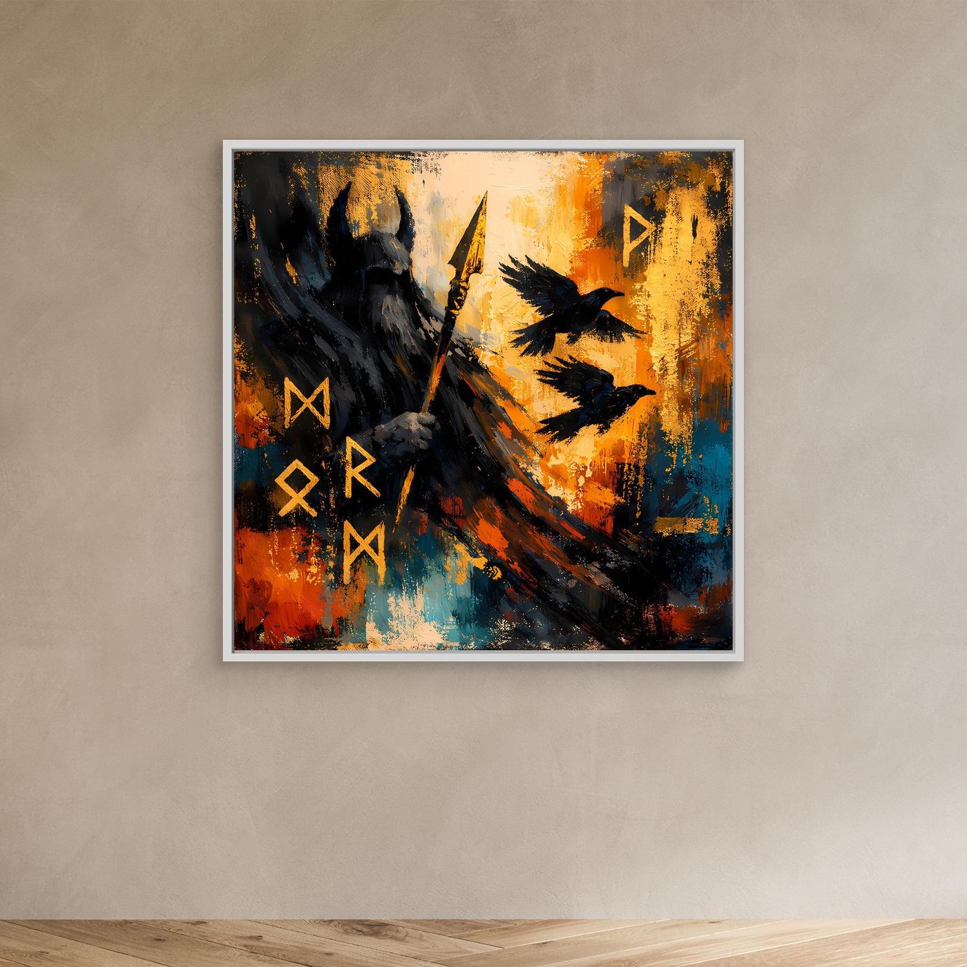 Wandbild mit silbernem Rahmen: Odin mit Speer und Raben, abstrakt in Orange und Blau