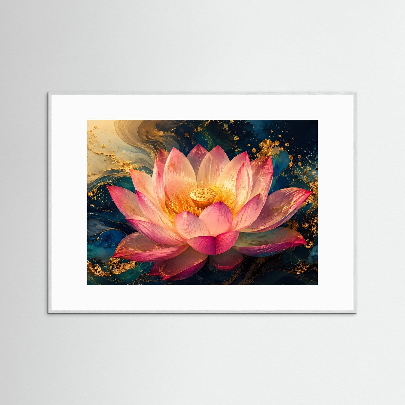 Lotusblüte Poster | Elegante Lotusblume Wandbild | Abstrakte Blumenkunst in Blau und Gold | Moderne Premium Wall Art