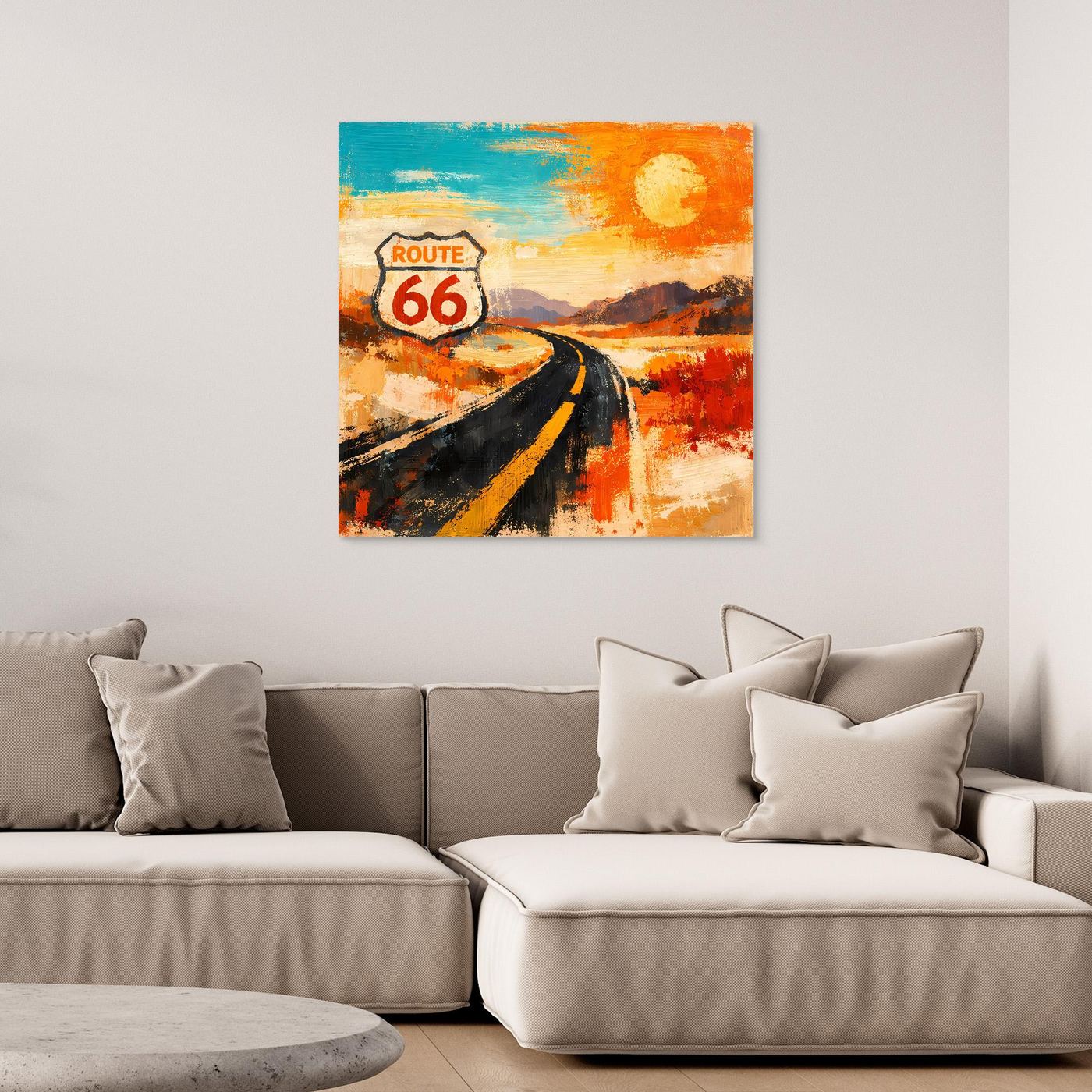 Abstraktes Leinwand-Wandbild „Route 66“ ohne Rahmen, Straße in Blau und Orange