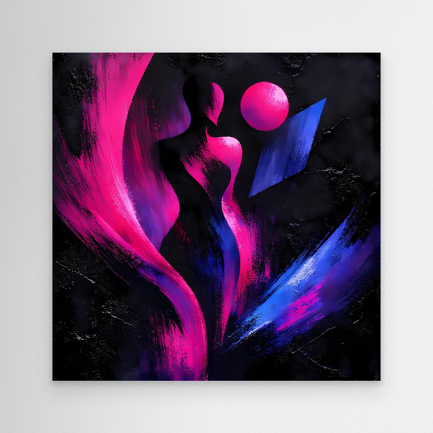 Leinwandbild mit abstrakter Silhouette: Neonpink und Blau, schwarzer Rahmen