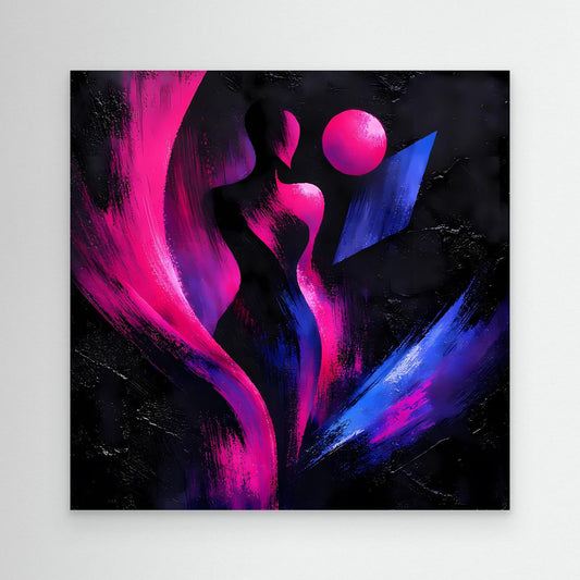 Leinwandbild mit abstrakter Silhouette: Neonpink und Blau, schwarzer Rahmen