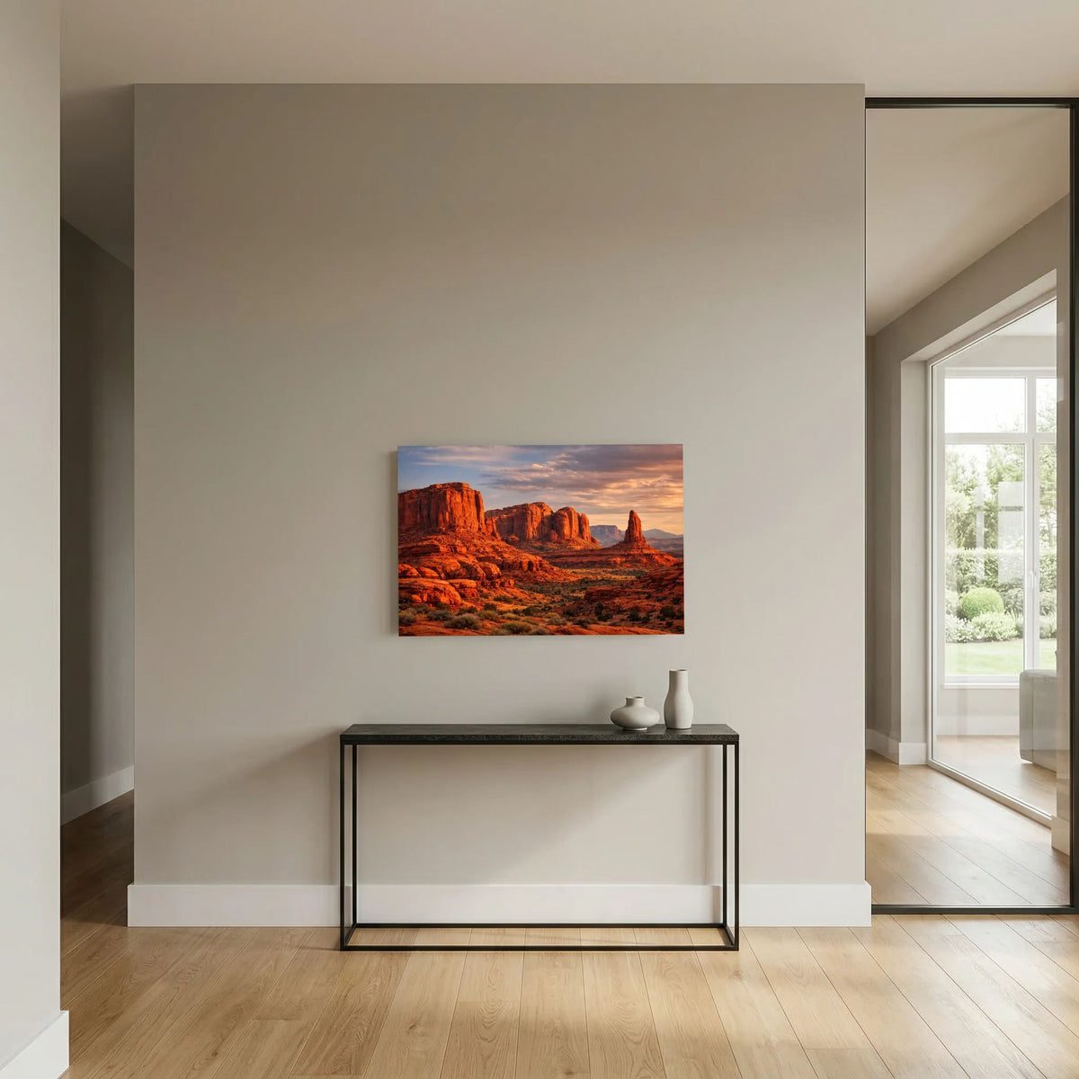 Wandbild im Querformat mit roter Felslandschaft und Abendhimmel über Konsole