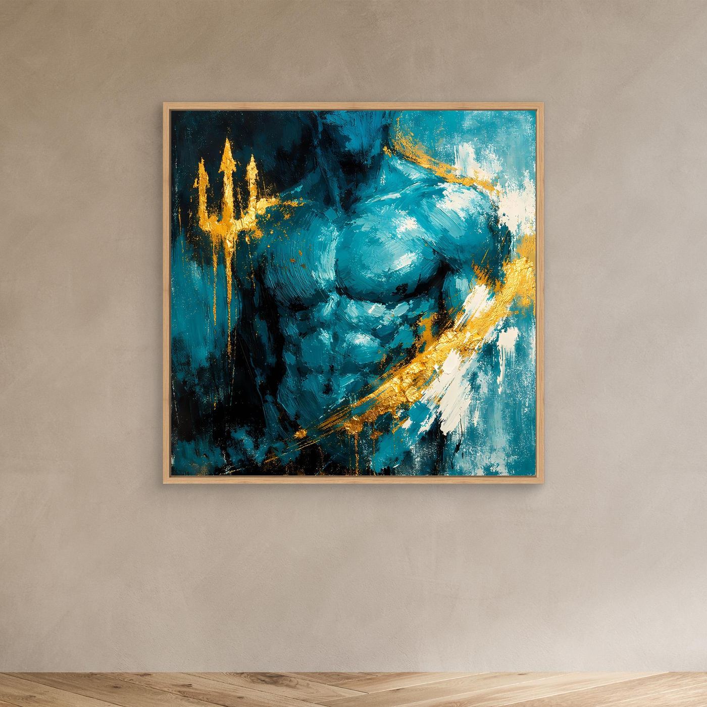 Leinwand Kraftvoller Poseidon in Türkis | Abstraktes Meeresgott Wandbild Gold