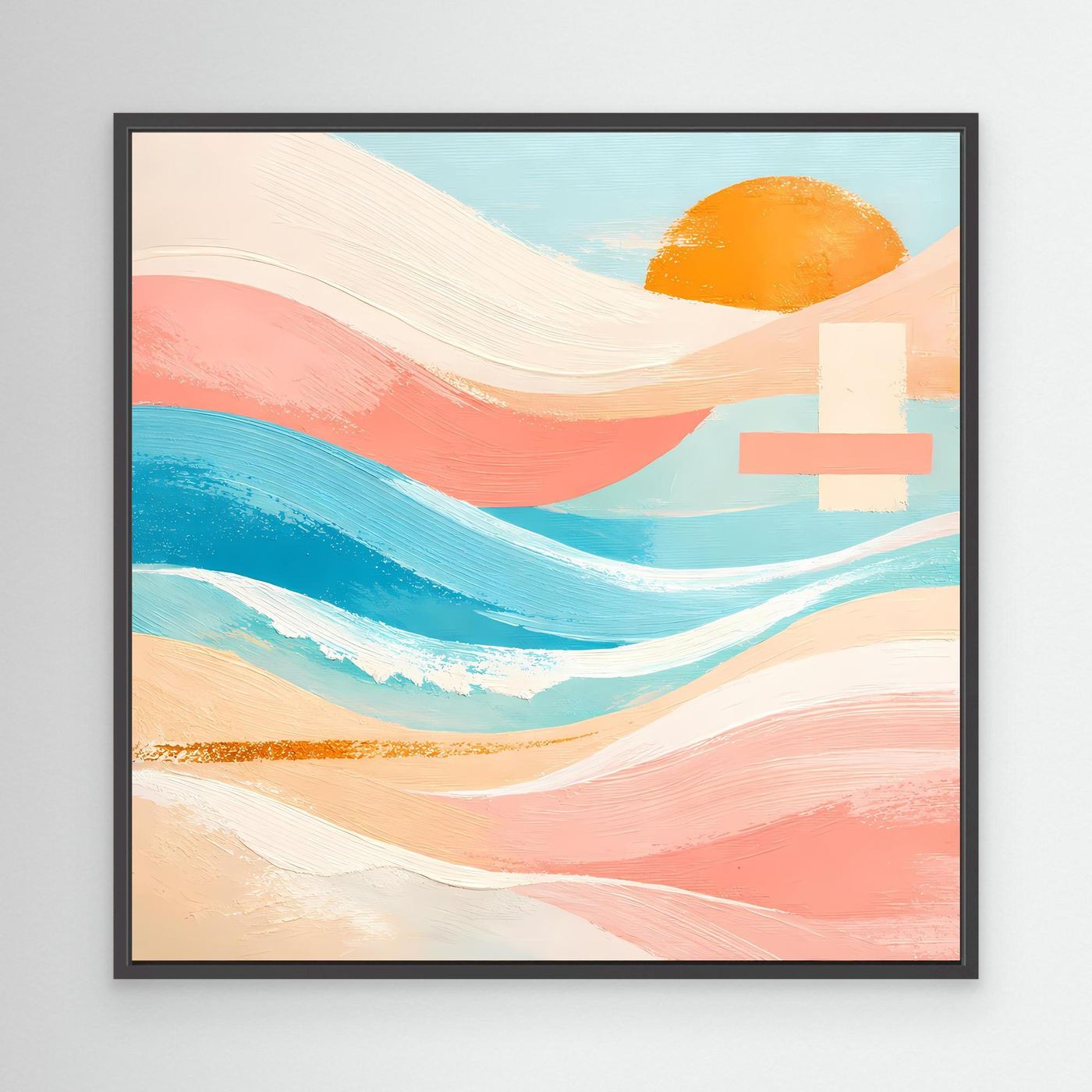 Abstraktes Leinwandbild mit Meer- und Sonnenmotiv im schwarzen Rahmen, Pastellfarben