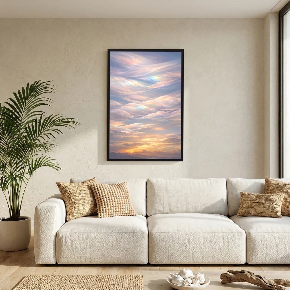 Wandposter im Hochformat mit schwarzem Rahmen und pastellfarbenen Schimmerwolken zum Sonnenuntergang.