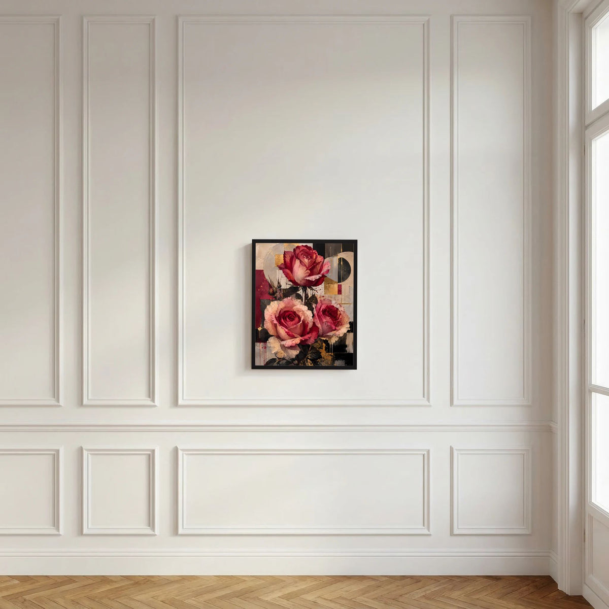 Gerahmtes Poster mit drei abstrakten Rosen in Rot und Gold, schwarzer Rahmen