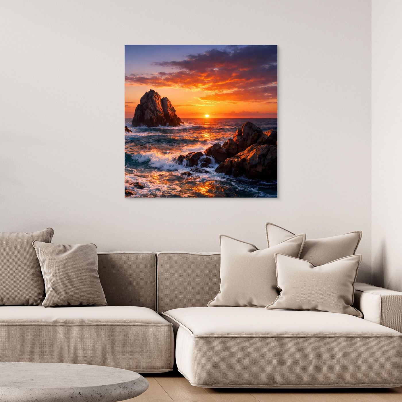 Leinwandbild mit Sonnenuntergang am Meer, Felsenklippen und schäumenden Wellen