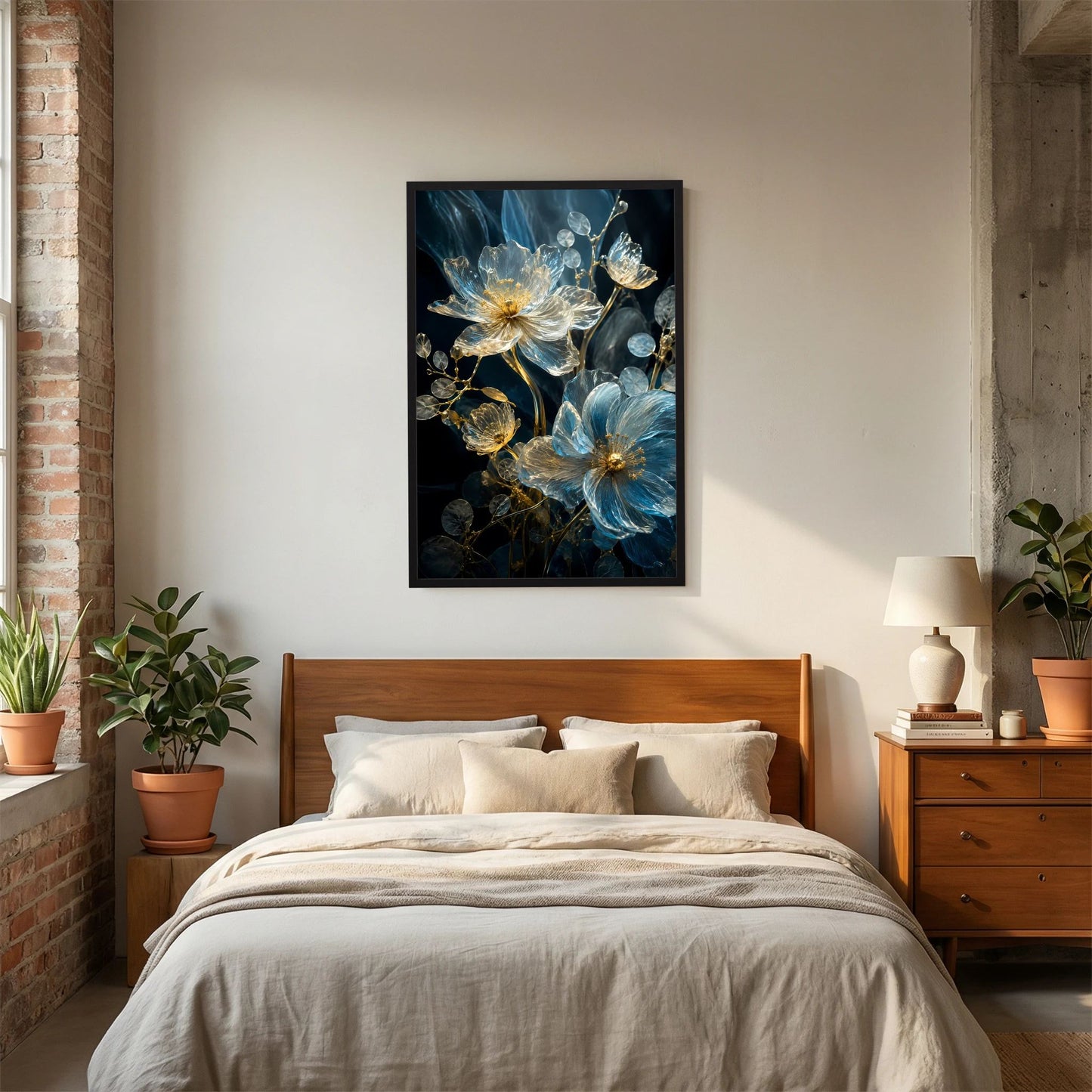 Poster mit blauen und goldenen Kristallblüten im schmalen schwarzen Rahmen