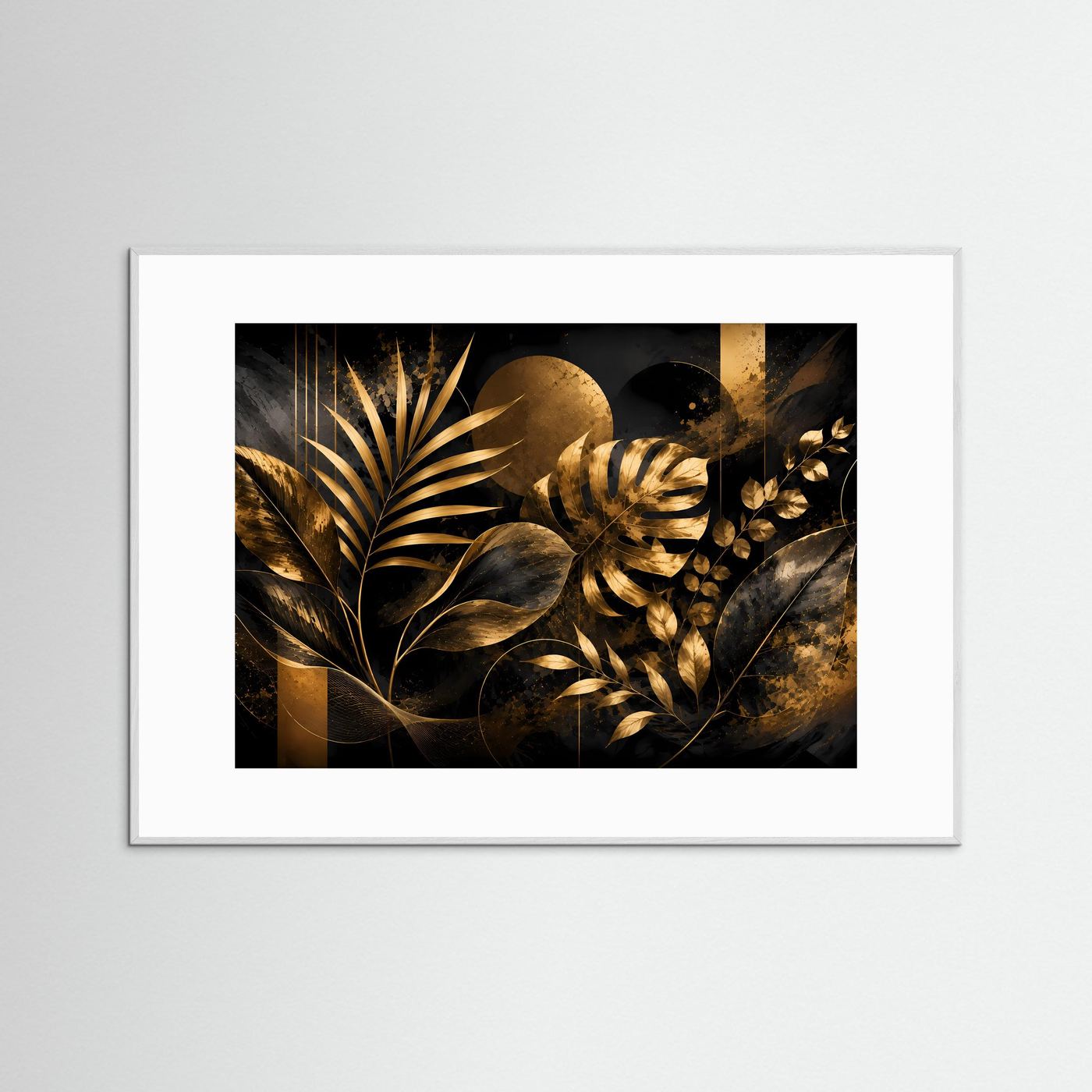 Gerahmtes Querformat-Poster mit tropischen Blättern in Schwarz und Gold, brauner Rahmen