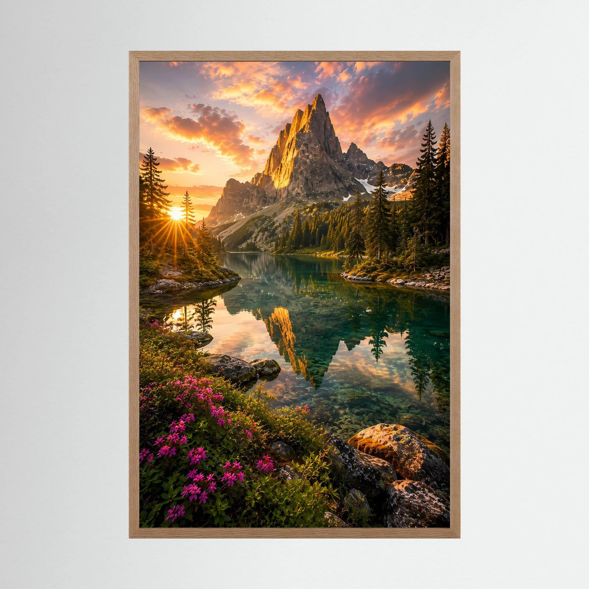 Poster im Hochformat mit Bergsee bei Sonnenuntergang im hellen Holzrahmen, Wildblumen