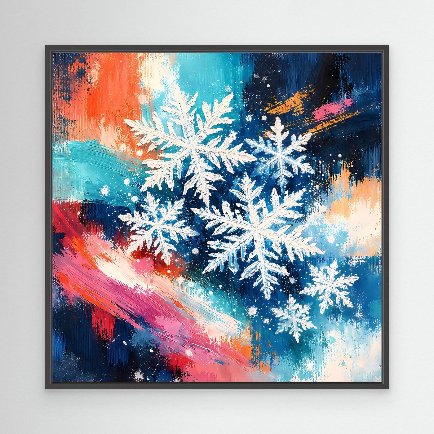 Wandbild mit weißen Schneeflocken im abstrakten Winterstil, im schwarzen Rahmen