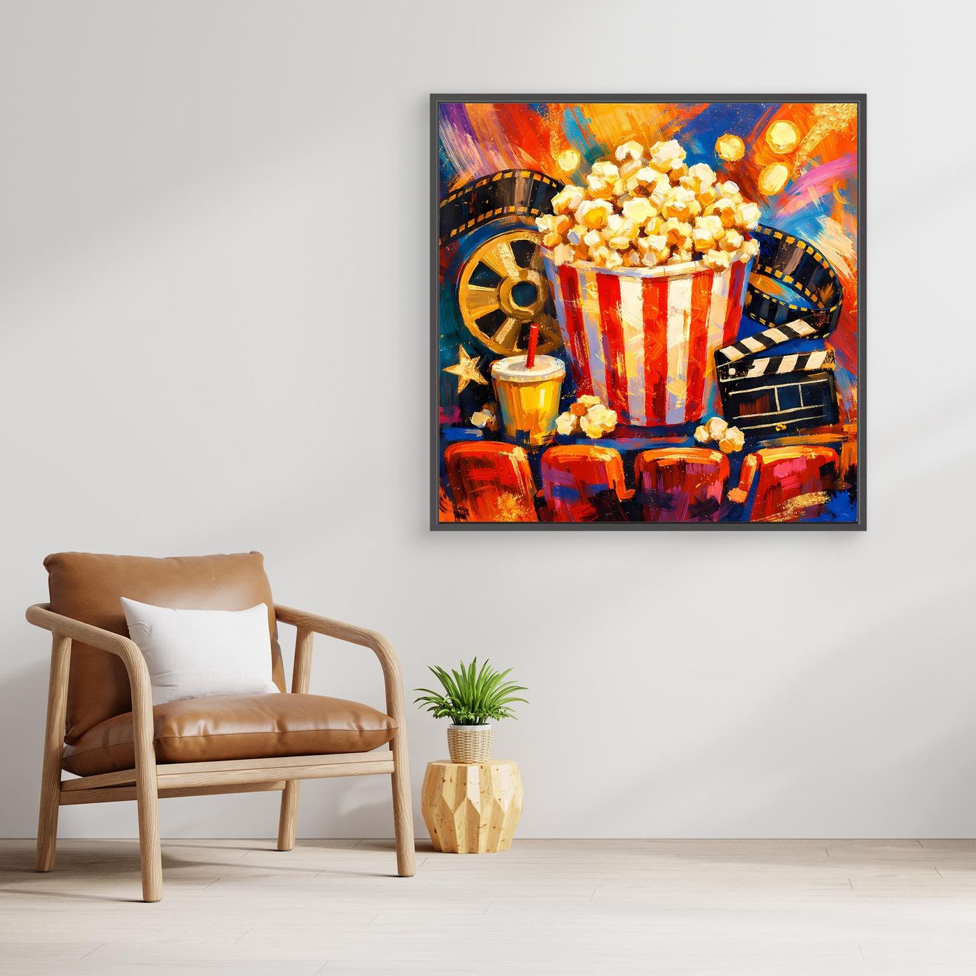 Leinwandbild mit Popcornschale, Filmrollenbogen und kontrastreichen Farbklecksen