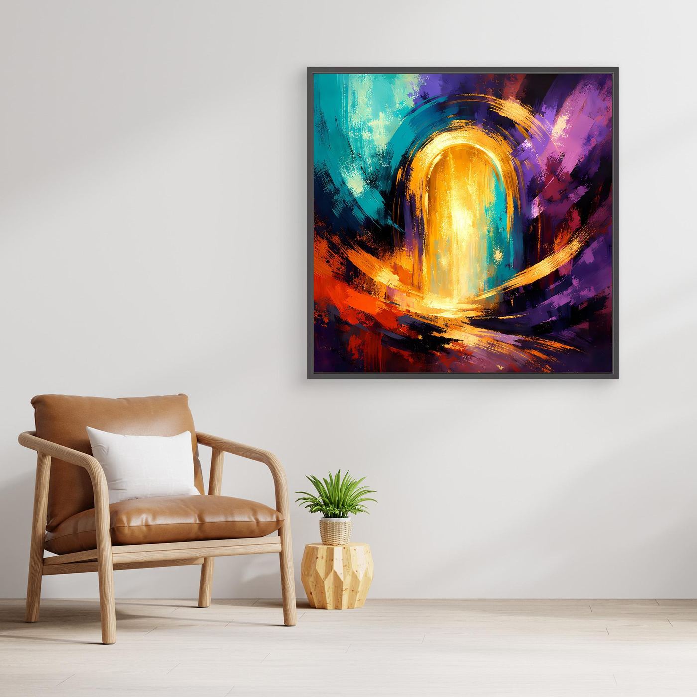 Abstraktes Wandbild mit goldenem Lichttor und buntem Pinselstrich-Portal.