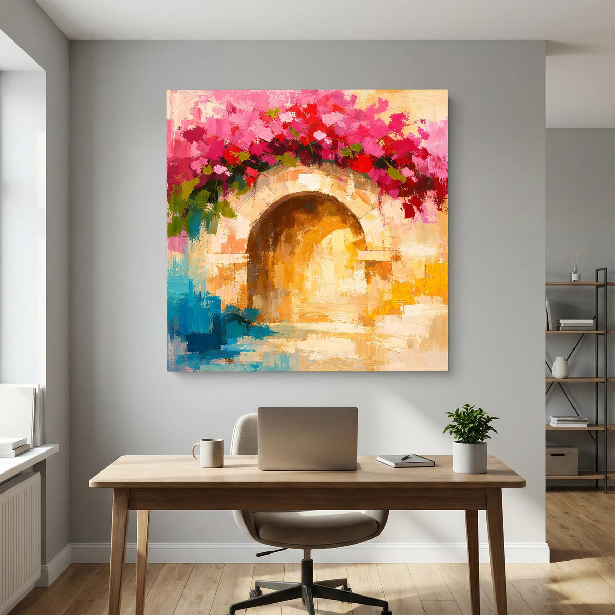 Wandbild mit abstraktem Torbogen und Blütenkranz in Pink, hellbrauner Rahmen