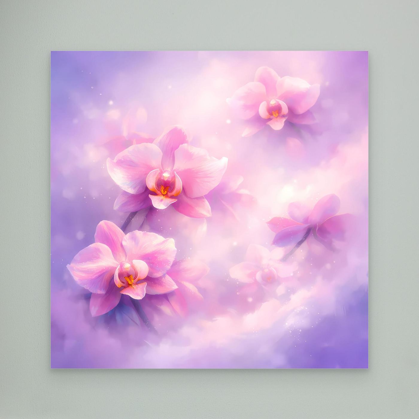 Leinwandbild mit pastellfarbenen Orchideen und lila-pinkem Wolkenhintergrund